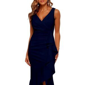 Betsy & Adam V-Neck Cascade Ruffle High-Low Gown